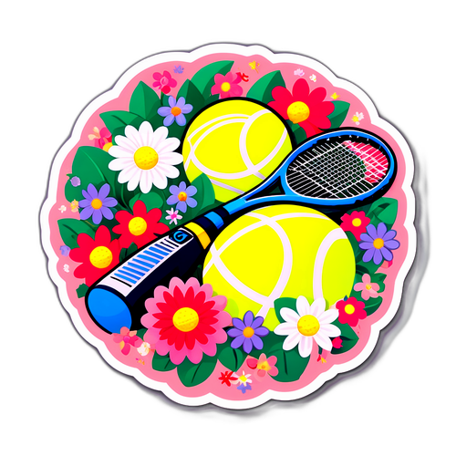 Sticker dễ thương với dụng cụ quần vợt kết hợp với hoa lá