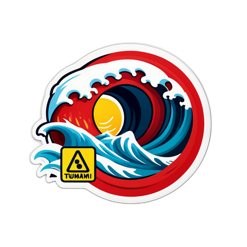 Schattige cartoon-golf met tsunami waarschuwingsbord