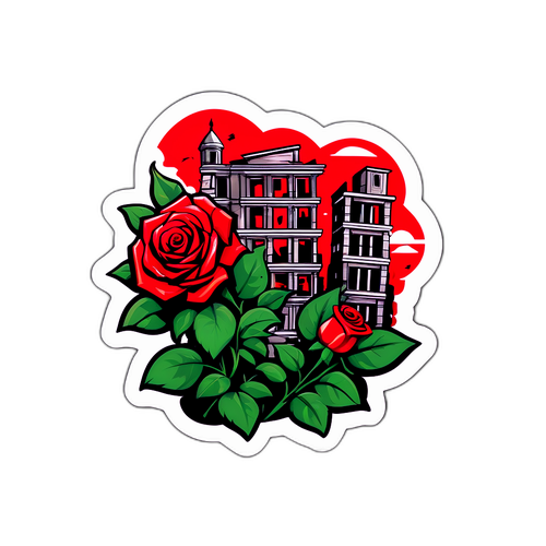 Kırmızı Güller ve Yıkılmış Binalar Sticker'ı