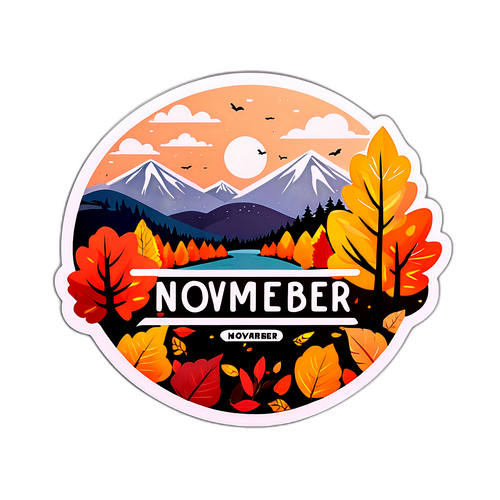 Stylowy krajobraz jesienny z liśćmi w różnych odcieniach i napisem 'Listopad'