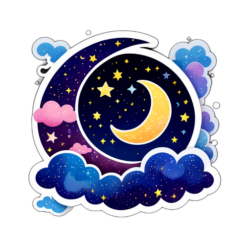 Malam berbintang yang berkilau dengan bulan sabit dan awan unik