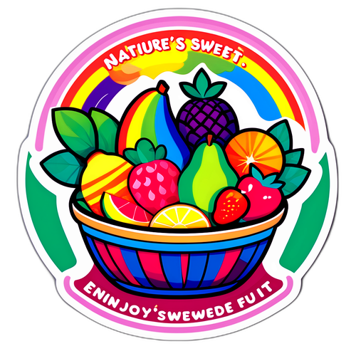 Una cesta di frutta colorata con la scritta 'I dolci della natura - Goditi!'