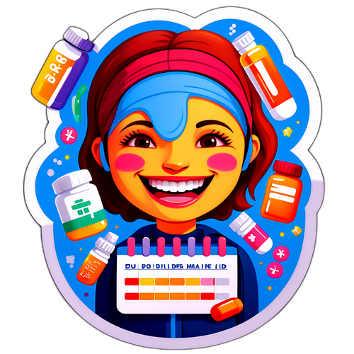 Une illustration accueillante d'une personne souriante entourée de médicaments et d'un calendrier