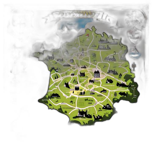 Oude kaart van Normandië met historische symbolen en bezienswaardigheden