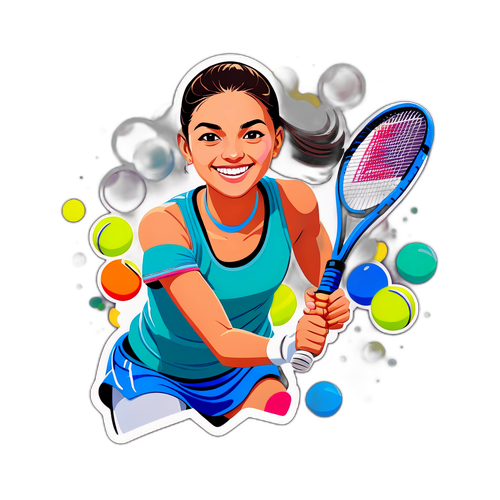 Sticker cu Emma Raducanu jucând tenis, zâmbind, înconjurată de mingi colorate