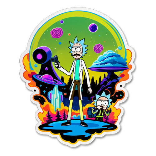 Whimsigisk klistermärke med Rick och Morty i en sci-fi landskap