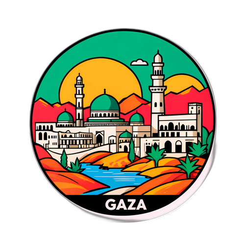 Un autocollant illustrant les paysages et sites emblématiques de Gaza