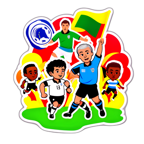 Sticker van een scheidsrechter met fluitje, omringd door spelers in actie voor de kwalificatie van het Wereldkampioenschap