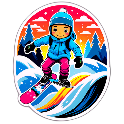 Schattige en leuke sticker van een cartoon snowboarder