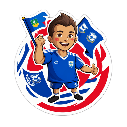 Ett klistermärke av Cardiff City-supporters som hejar med flaggor och stor passion