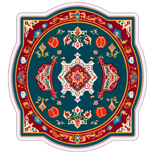 Rappresentazione Artistica di un Tappeto Persiano Tradizionale con Icone Sportive