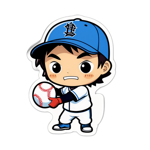可愛らしいデフォルメの野球シーンのステッカー