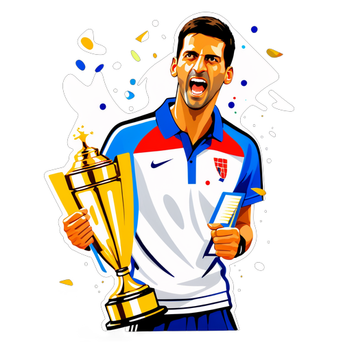 Ilustrație stilizată a lui Novak Djokovic sărbătorind o victorie