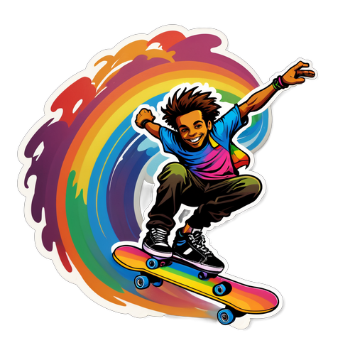 街头涂鸦风格滑板少年冲出彩虹贴纸