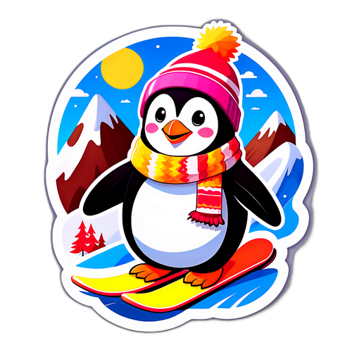 Uroczy pingwin na snowboardzie