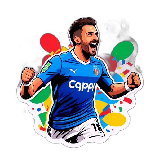 Een sticker van Luca Sinigaglia die viert na het scoren van een doelpunt