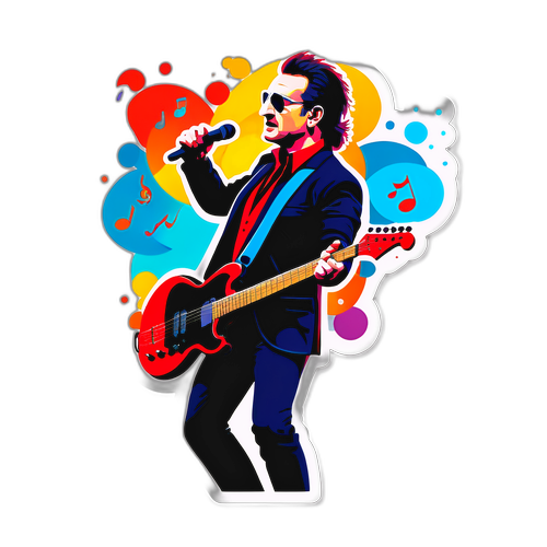 Sticker van een stijlvolle illustratie van Bono op het podium
