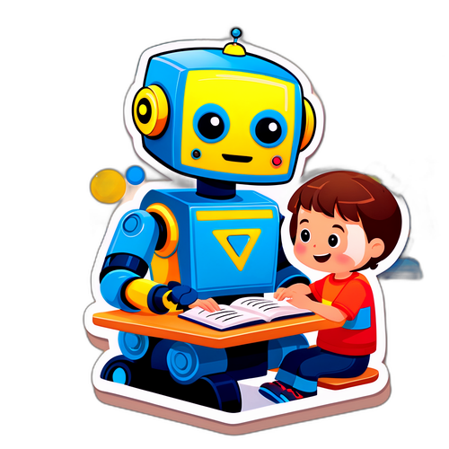 Farverig Grok klistermærke med robot i klasseværelse