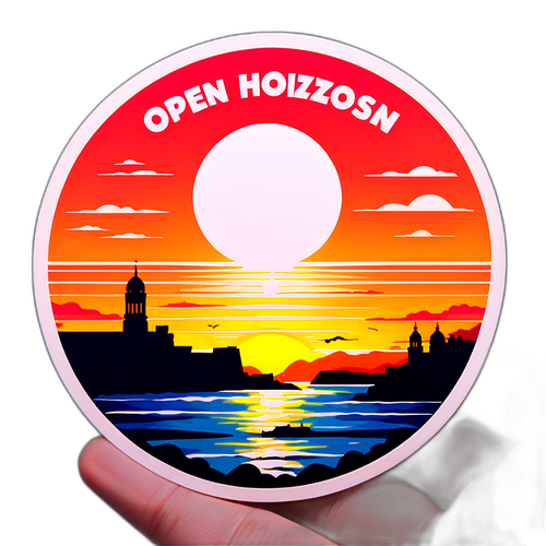 Стикер з известним видом заходу сонця в Одесі з текстом 'Open Horizons'