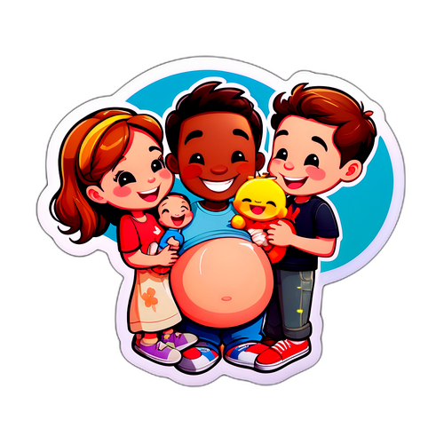 Leuke cartoon van een zwangere man die gelukkige momenten deelt met zijn vrienden