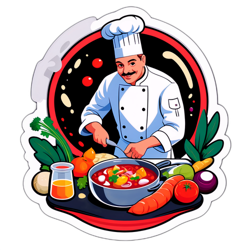 Un autocollant de chef cuisinant un plat français traditionnel