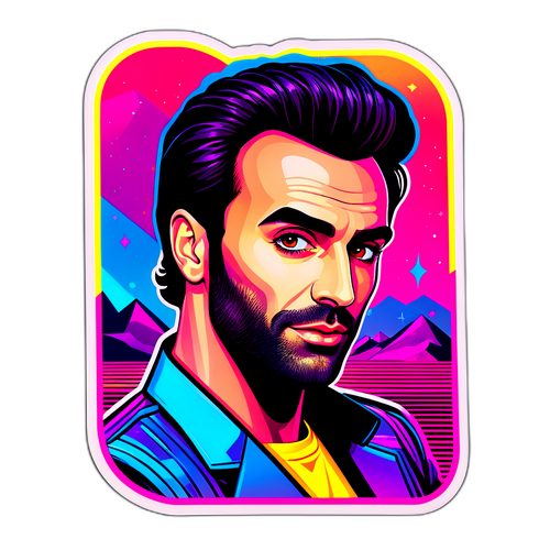 Adesivo retro di Marco Mengoni con estetica synthwave degli anni '80
