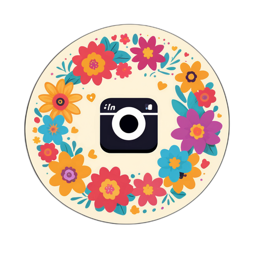 Дизайн наклейки с иконкой Instagram, обрамленной цветами, с позитивной надписью "Делитесь моментами".