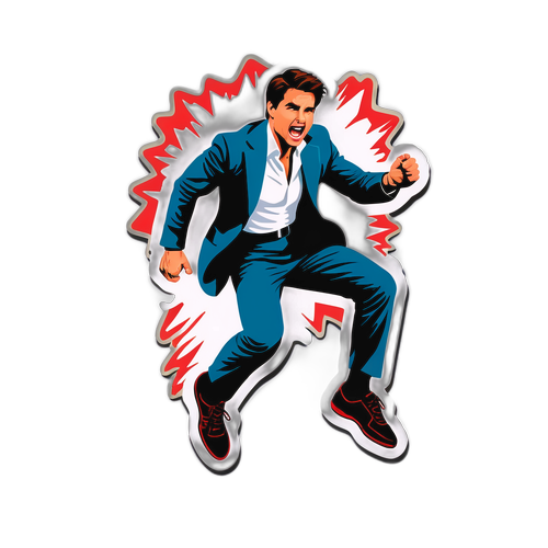 Логотип, стилізований під сцену з Томом Крузом, що стрибає з вікна