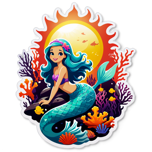 美人鱼坐在礁石上向太阳歌唱