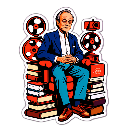 En lekfull design med Harris Yulin sittande på en hög av böcker
