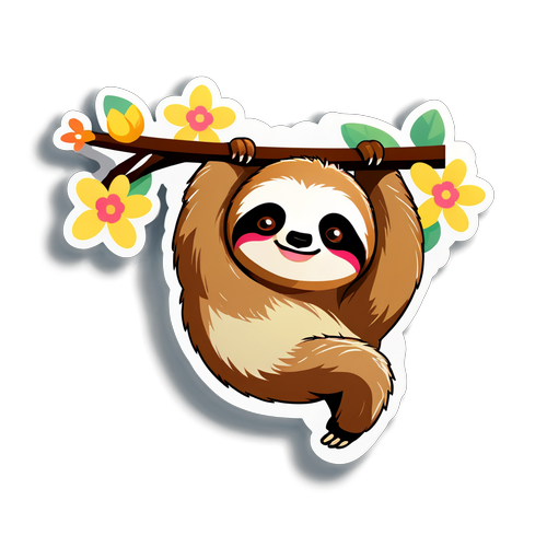 An Adorable Sloth Hanging from a Flowering Branch