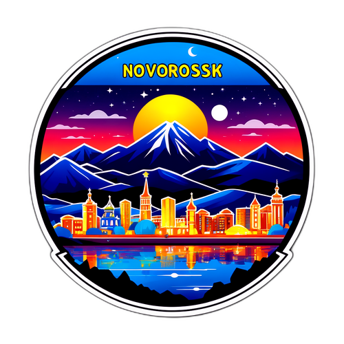 Стикер с изображением Новороссийска ночью с огнями и текстом "Яркий город"