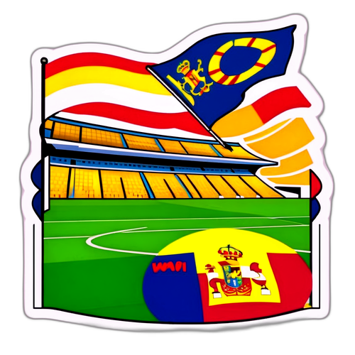 Fußballfeld bei Sonnenuntergang mit den Fahnen von Spanien und Frankreich