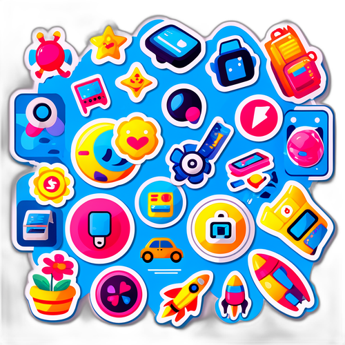สติกเกอร์ธีมการค้าสำหรับเด็กสมัยใหม่ที่มีสัญลักษณ์ของเทคโนโลยีและความคิดสร้างสรรค์