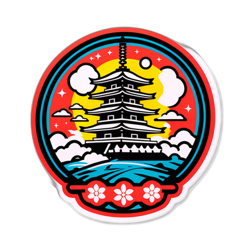 Sticker artistique représentant l'impact d'Hiroshima avec des symboles de résilience et d'espoir dans un design futuriste
