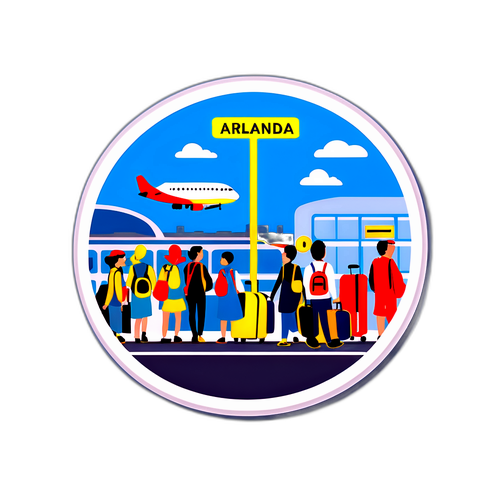 Humoristisk klistermärke med långa köer vid Arlanda