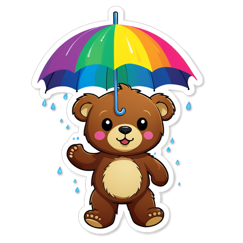 可爱的小熊拿着彩虹伞在雨中漫步