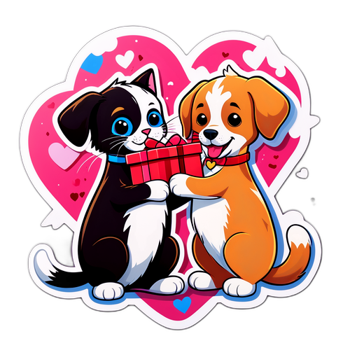 Masayang Ilustrasyon ng Pusa at Aso na Nagpapalitan ng mga Regalo sa Araw ng mga Puso