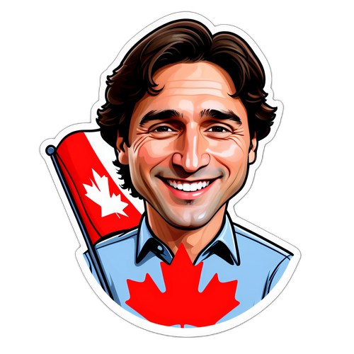 Egy mosolygó karikatúra Justin Trudeau-ról a kanadai zászlóval