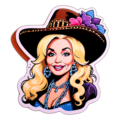 Aderivă cu Dolly Parton purtând o pălărie uriașă și lanțuri