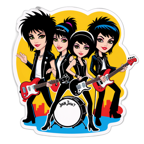 Whimsical Rock Concert Sticker Featuring Cartoon Joan Jett and Bandmates