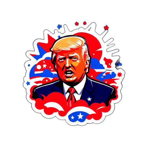 מדבקה דינמית של דונלד טראמפ על רקע התפוצצות גרפית של אדום, לבן וכחול