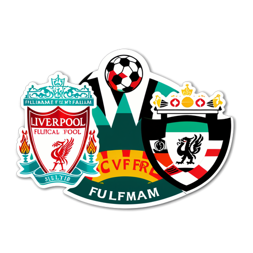 A Liverpool és Fulham emblémái Wembley Stadion háttérben