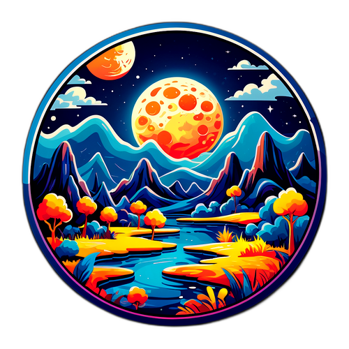 Σχεδίαση ενός φανταστικού τοπίου μακριά από την πόλη κάτω από το πλήρες φεγγάρι