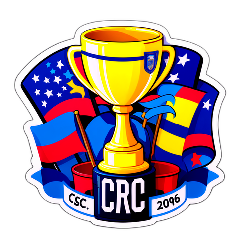 Een sticker van een bekertrofee met 'Croky' omringd door supporters met sjaals en vlaggen in hun teamkleuren