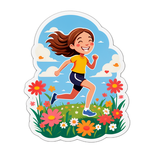 Fargerik jente som løper gjennom en blomstereng