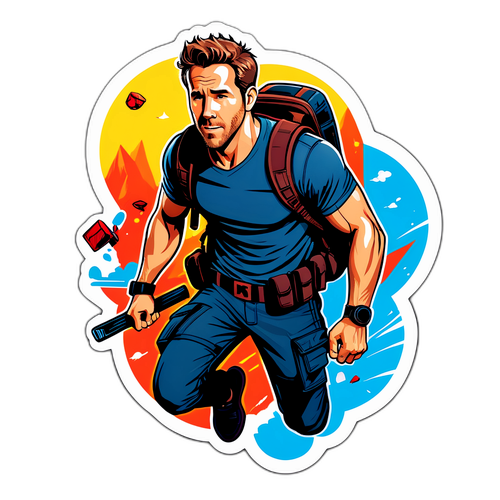 Ani-mocny sticker Ryana Reynoldsa w przygodowej scenerii
