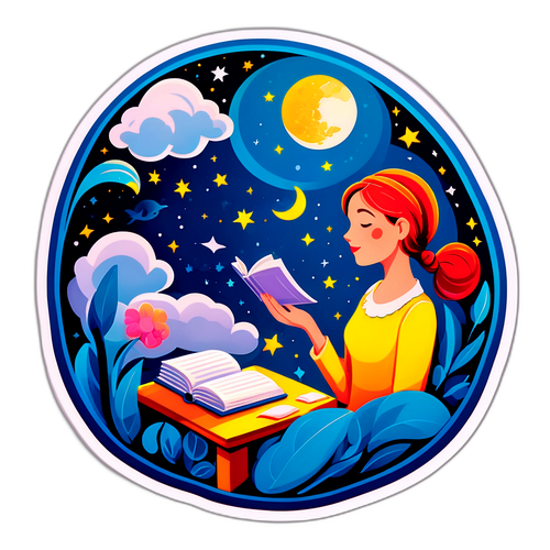 Ein stilisierter Aufkleber von Dorothee Elmiger in einer literarischen Umgebung