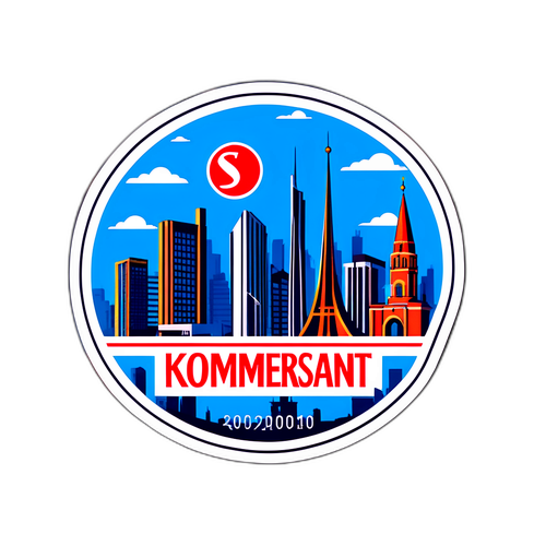 Стикер с логотипом "Коммерсант" в современном стиле на фоне городского пейзажа