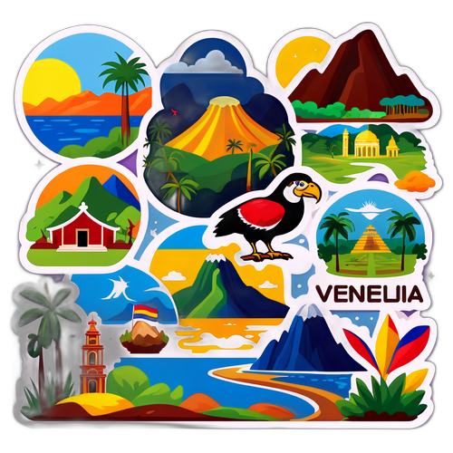 Pegatina de paisajes famosos de Venezuela rodeados de símbolos culturales